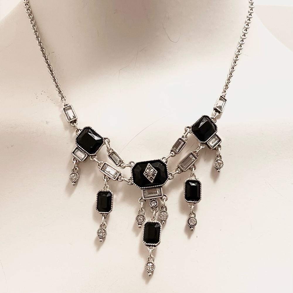 Avon Black Rhinestone Statement Necklace Silver Tone Y2K